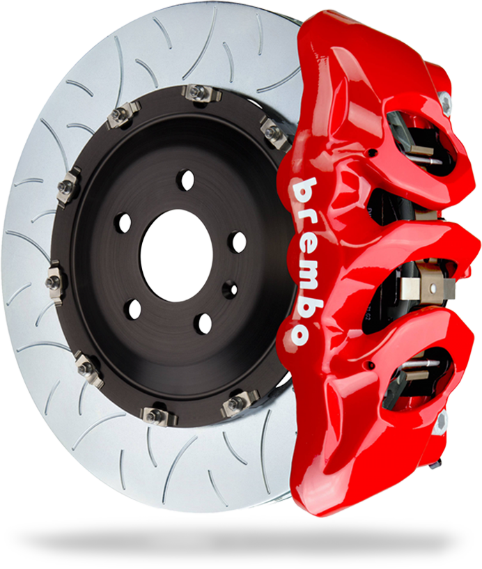 A silver brake rotor and red caliper floating over the red and white background